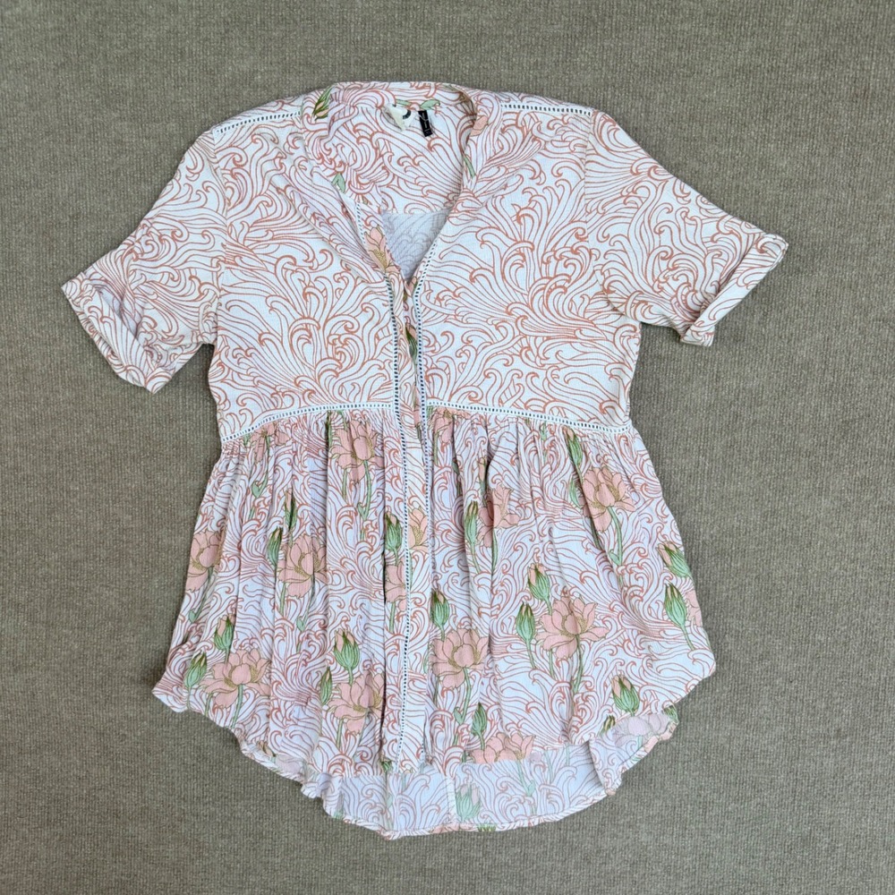 Anthropologie Akemi +‎ Kin Floral Scroll Babydoll Tunic Top Pink White XS